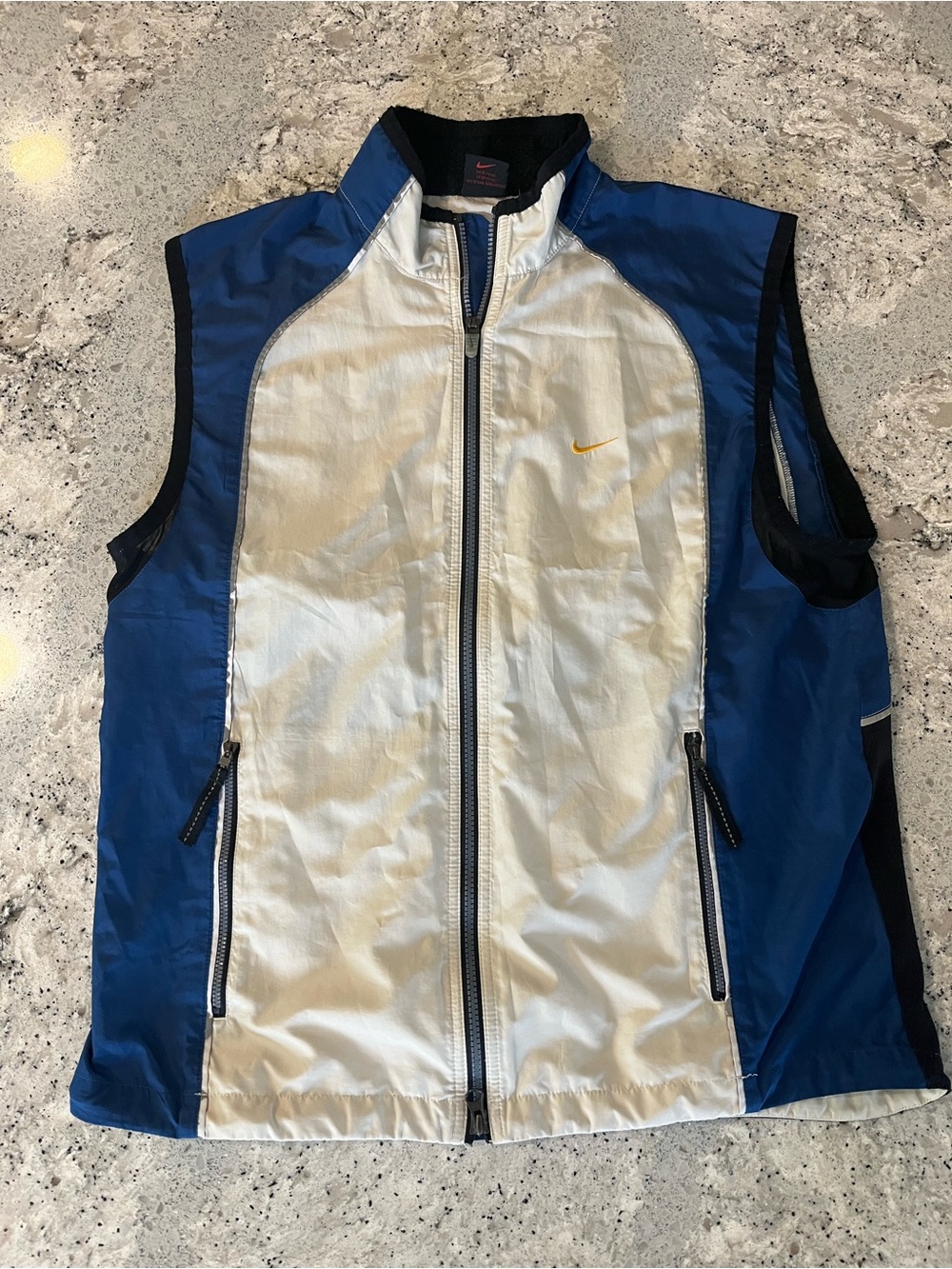 Vintage Nike Blue and Silver Sleeveless Zip-Front Athletic Vest